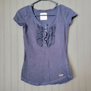 Hollister Short Sleeve T-Shirt Ruffle Button Detail Y2K Blue Women's Size XS